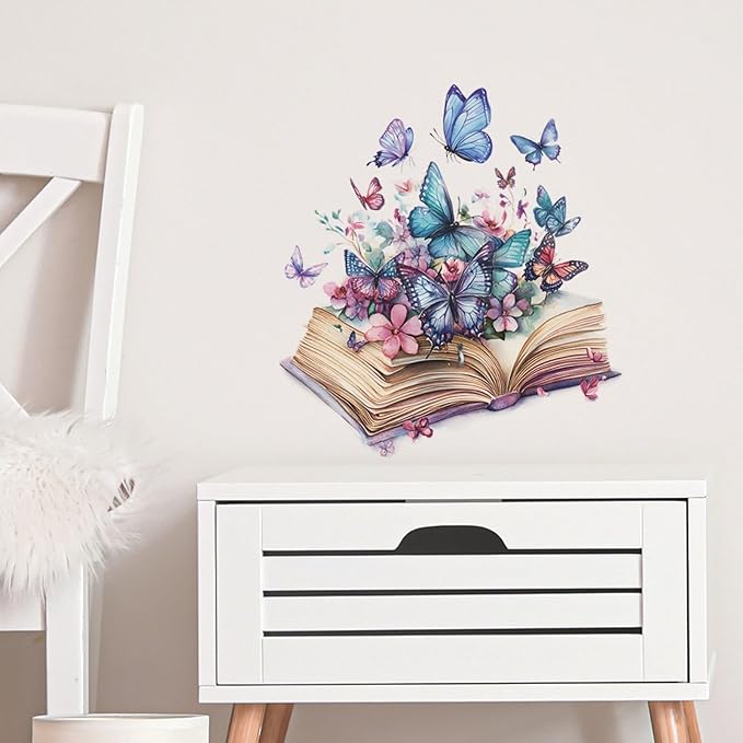 Magic Book Wall Decals Colorful Flower Butterfly Wall Stickers, Purple Butterflies Decoration for Girls & Boys Bedroom Removable Vinyl Peel and Stick for Living Room, Bathroom, Library