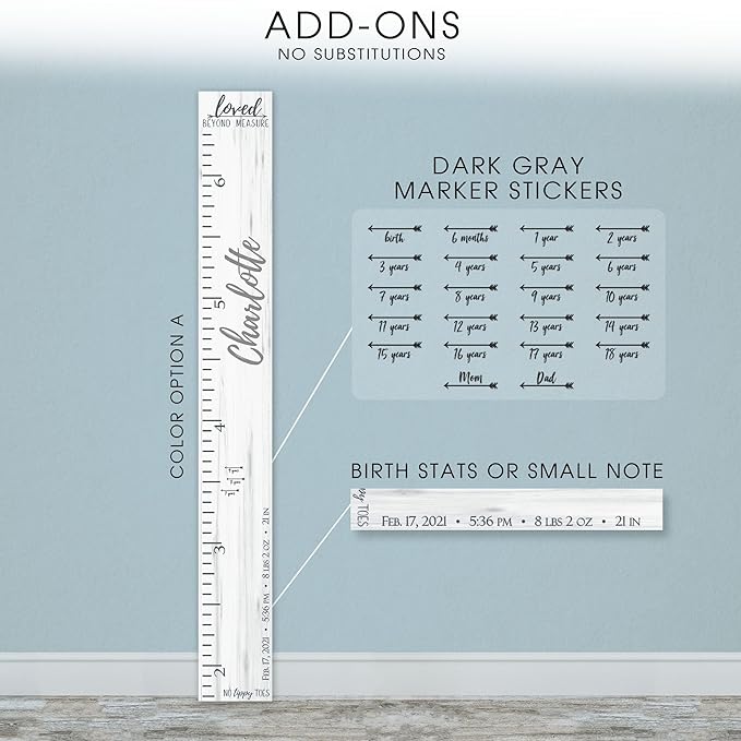 Wooden Kids Growth Height Chart Ruler for Boys and Girls Painted (The No Tippy Toes - Loved Beyond Measure) Back40Life