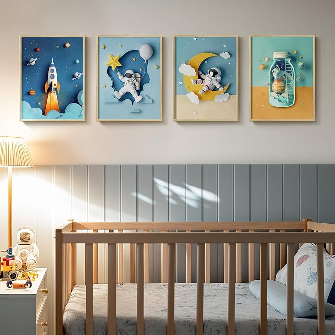 Framed Space Astronaut Wall Art for Boys Room, 4 Piece Cool Space Themed Canvas Wall Art Prints for Nursery, Rocket Artwork for Kids Room, Bedroom, Baby Room, Playroom, 12x16 Inch