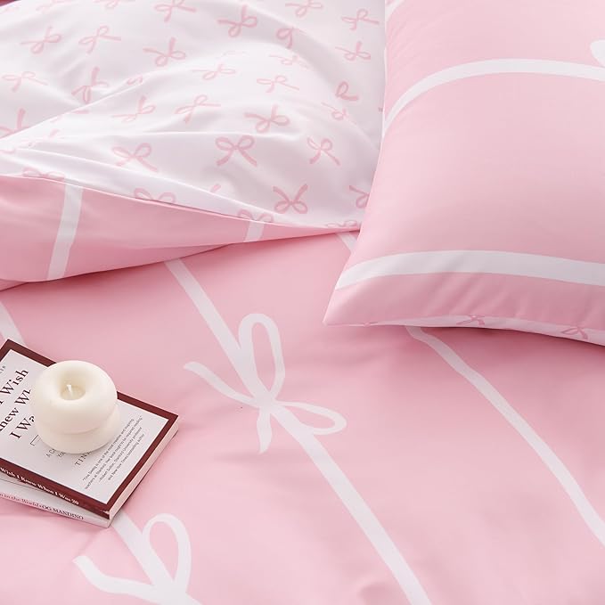 Pink Bow Duvet Cover King Coquette Bedding Set for Girls Kids Cute Princess Style Bowknot Bedding Ultra Soft Microfiber Duvet Cover Set with 2 Pillowcases(No Comforter)