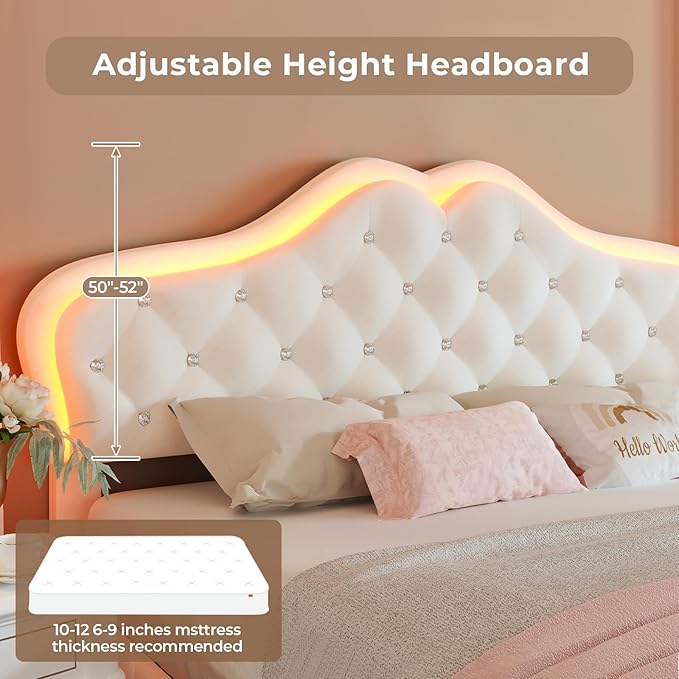 BTHFST Queen Size Upholstered Bed Frame with LED Lights, Adjustable Headboard with Crystal Button, Princess Platform Bed for Girls, Solid Wood Slats Support, No Box Spring Needed, Beige