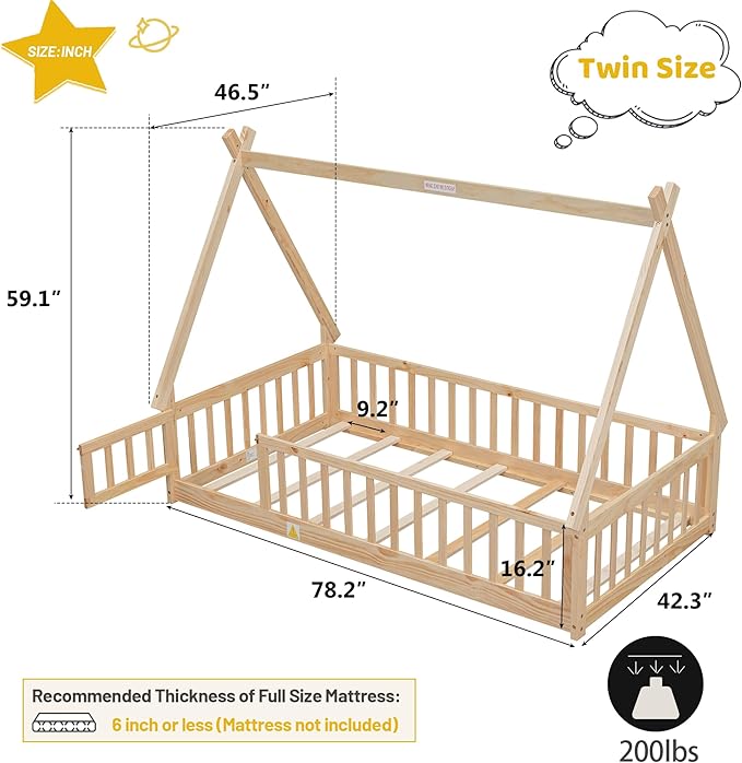 Twin House Bed Frame with Fence Rails and Door,Wood Montessori Floor Bed with Slats Support,Teepee Tent Beds Kids Bed Frames for Girls Boys, Natural