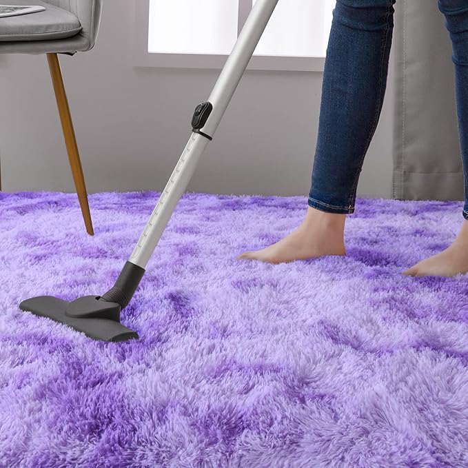 DweIke Fluffy Purple Shag Rugs for Bedroom Living Room, 4x6 Feet Soft Plush Tie-Dyed Light Purple Girls Boys Kids Rug, Upgraded Non-Slip and Machine Washable Carpet for Dorm Nursery Classroom Decor