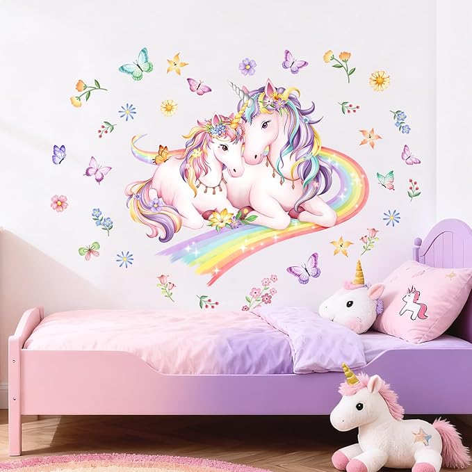 Tanlaby Rainbow Unicorn Wall Decals Flowers Butterflies Unicorn Wall Stickers Peel and Stick Wall Art Decor for Baby Nursery Girls Bedroom Daycare Playroom