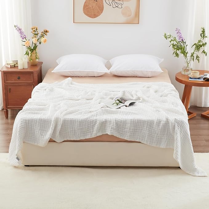 Love's cabin 6 Layer 100% Cotton Muslin Blanket, 108"x90" Muslin King Size Blanket for Bed Couch, Lightweight and Breathable Cotton Gauze for Adult, White