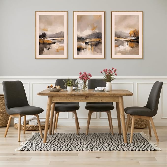 FWIEXA Abstract Neutral Canvas Wall Art Set , Beige Grey Fall Mountain Framed Wall Decor, 3 Panel 16x24 Inches Watercoler Lake Artwork, Brush Stroke Autumn Forest Landscape Prints for Living Room, Office, Bedroom