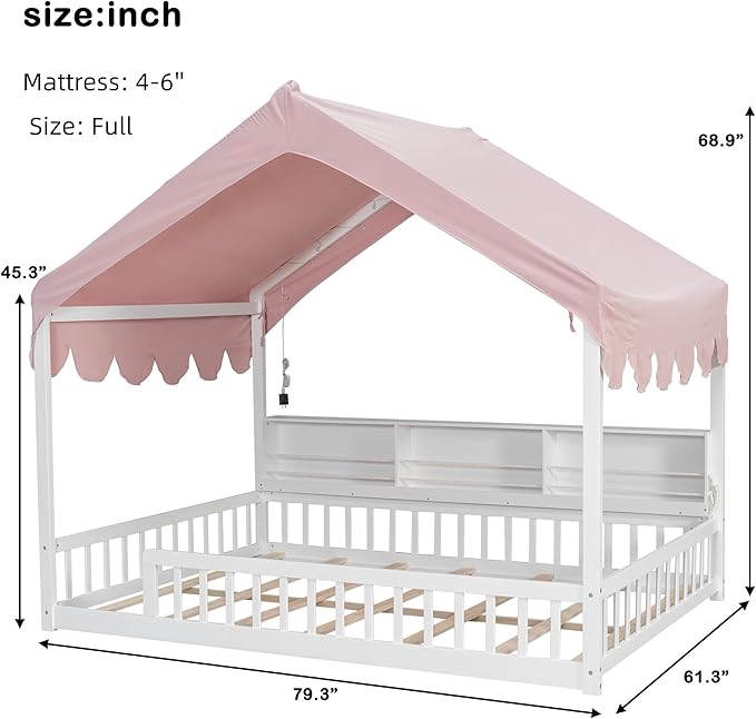 Merax Full Size Montessori Floor Bed for Kids Toddler, House Shaped Kids Full Bed Frame with Safety Guardrail, Curtain & Lights, Side Storage Bookshelves, Solid Wood Slats, Easy Assembly, Pink