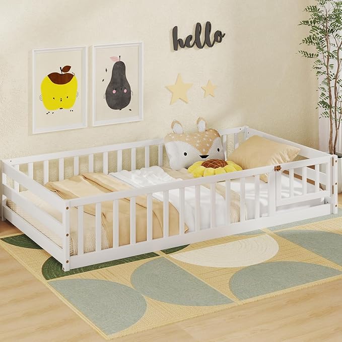 Giantex Twin Floor Bed with Door & Fence, Kids Wood Montessori Beds with Safety Guardrails, Floor Bed Twin for Kids, Boys, Girls, No Box Spring Needed, White