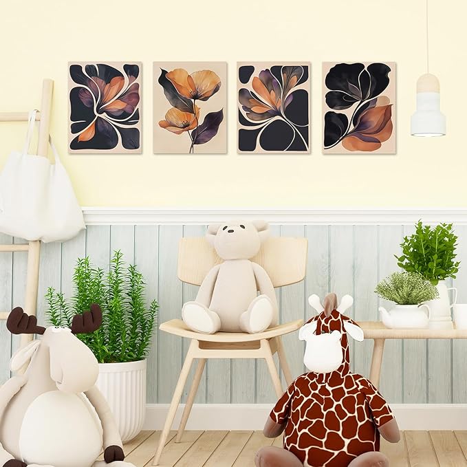 JINYO Vintage Boho Orange and Black Abstract Floral Wall Art Prints Set of 4, Dark Cottagecore Decor, Mid Century Modern Flower Wall Decor Posters Pictures for Home Bedroom Living Room, 8x10 Unframed