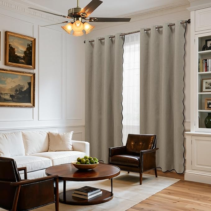 ColorBird Linen Blackout Curtains 84 Inches Long Scalloped Tan 100% Black Out Winter Thermal Insulated Curtains & Drapes for Living Room Bedroom Dining Room Nursery Window Treatment