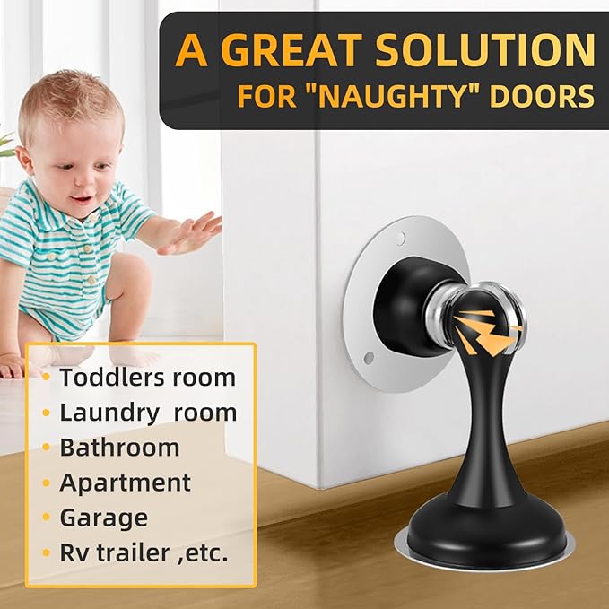 4 Pack Magnetic Door Stop No Drilling Door Stop with 3D Adhesive Tapes Keep Door Open Door Stainless Steel Screws for Stronger Mount (Black)