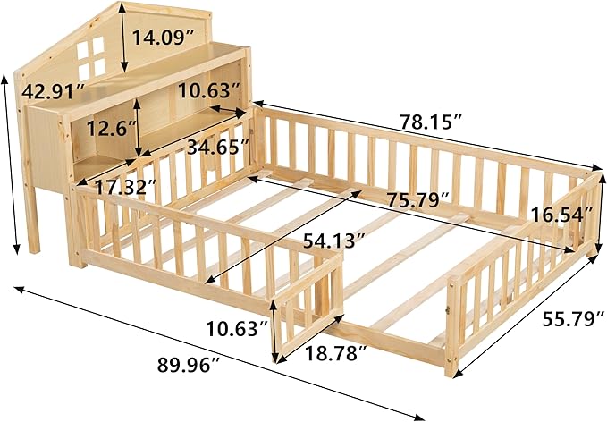 Bellemave Full Size Floor Bed for Kids, Girls, Boys, Solid Wood Montessori Bed with Storage headboard, Door, Storage,Natural
