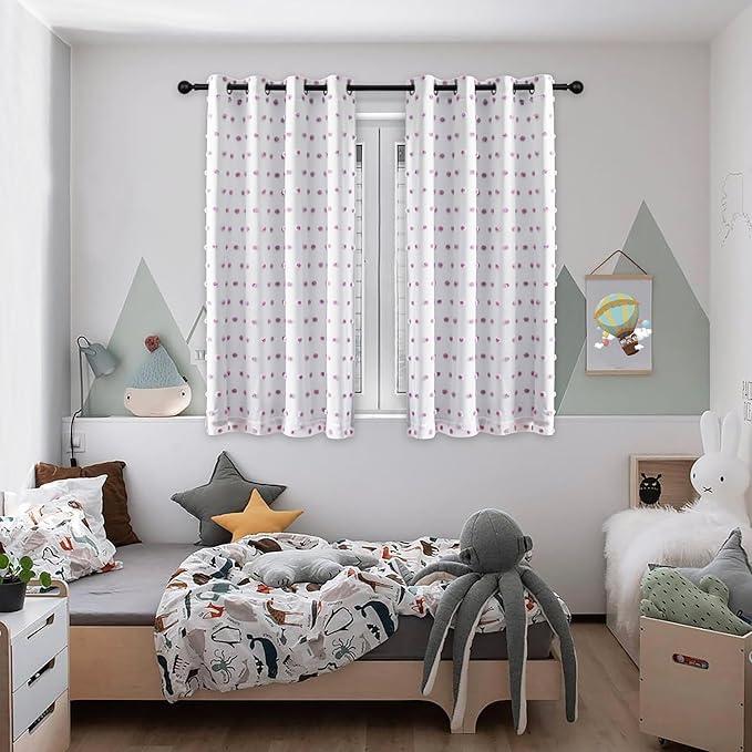 MYSKY HOME 100% Blackout Curtains for Girls Bedroom 54 Inch Long Purple Pom Pom Full Blackout Curtains for Kids Room 2 Panels Room Darkening Small Window Treatment Grommet 2 Layered Drapes 52"W x 54"L