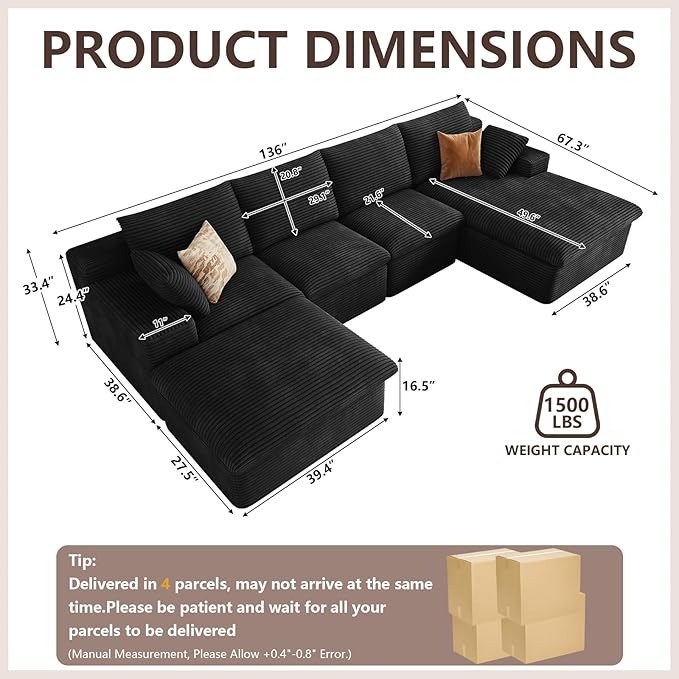 136" Cloud Modular Sectional Sofa with 1 Ottoman, Deep Seat Boneless Couch, Modern Upholstered Corduroy Couches, Comfort U Shaped Sofa for Living Room, No Assembly Required(Black,Right Facing Chaise)