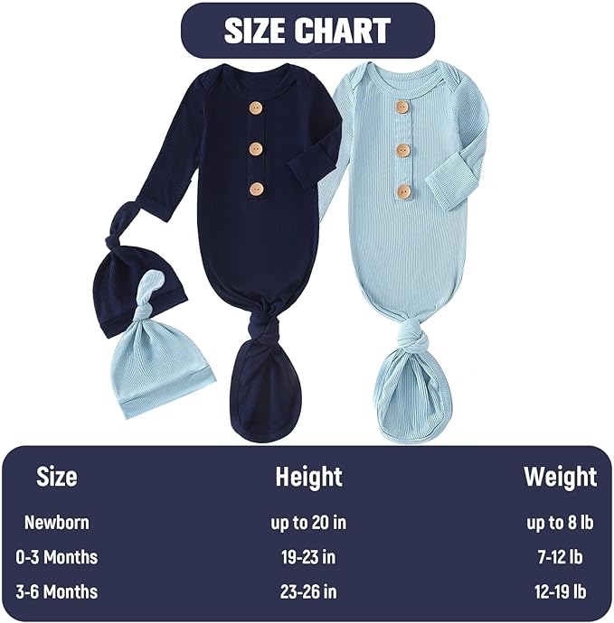 OPAWO Knotted Gown Baby Newborn Sleepers Baby Boy Coming Home Outfit, Bamboo Viscose Baby Gowns with Mitten Cuffs and Hat Set