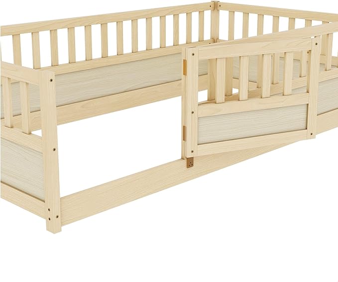 GDFStudio Twin Size Toddler Floor Bed Frame with Door & Guardrails, Toddler Twin Bed Frame for Kids Boys Girls, Low to Floor Child Bed Rail Design, Wooden Floor Bed for Baby, No Support Slat, Natural