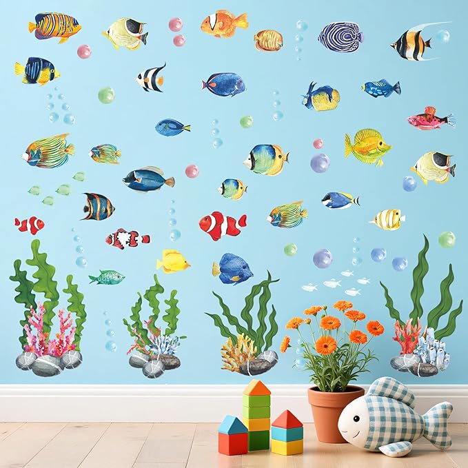 60 Pieces Under The Sea Wall Decals, Ocean Fish Large Coral Reef Seaweed Removable Stickers for Kids Baby Boys Bedroom Nursery Living Room Toddler, Peel and Stick Underwater Sea Stickers