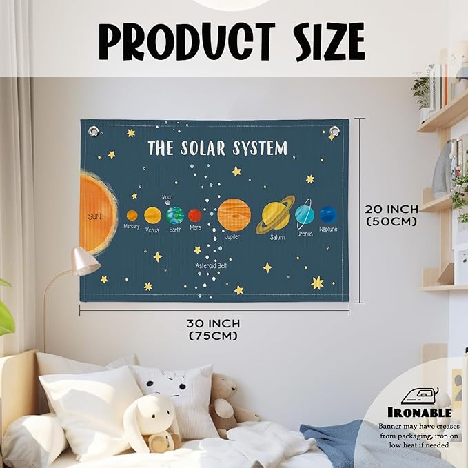 Solar System for Kids, Space Nursery Decor, Space Themed Room Decor, Solar System Linen Canvas Banner Wall Hanging Flag Decor for Playroom 20x30