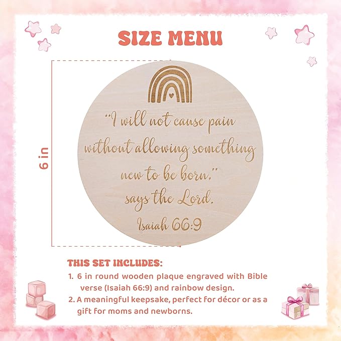 Wooden Rainbow Baby Scripture Sign, 6 Inch Round Nursery Wall Decor with Stand, Isaiah 66:9 Bible Verse Quote, Birth Announcement Plaque