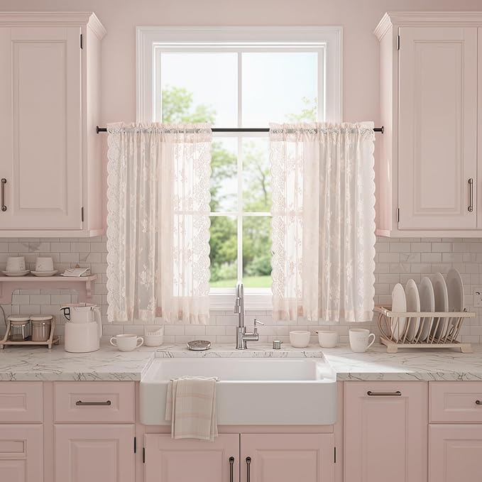 Blush Pink Lace Curtains 45 Inch Length, 2 Panels, W42 x L45 Inch Each, Country Rustic Floral Coquette Sheer Lace Curtains for Kitchen Window Rod Pocket Light Filtering Privacy Short Lacy Tier Curtain