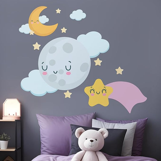EGD Moon and Stars Wall Decal for Bedroom Decor I Room Decorations I Moon Stickers I Smiley Face Decor I Star Stickers I Baby Nursery Decor I Multiple Sizes Options (20Wx17H)