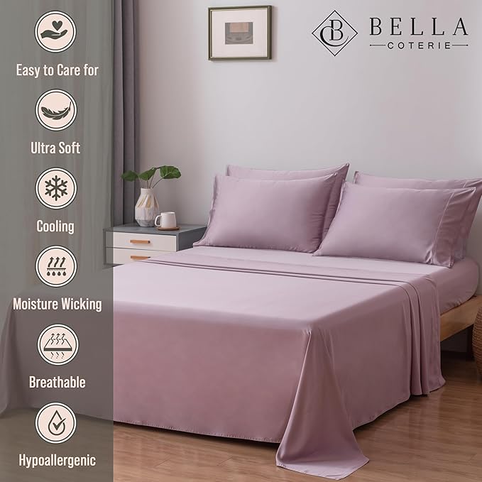 Bella Coterie 7 Piece Luxury Bamboo Viscose Split King Size Sheet Set | 2 Fitted Sheets for Adjustable Beds | 100% Organically Grown | Cooling for Hot Sleepers | 4 Pillowcases [Lilac]