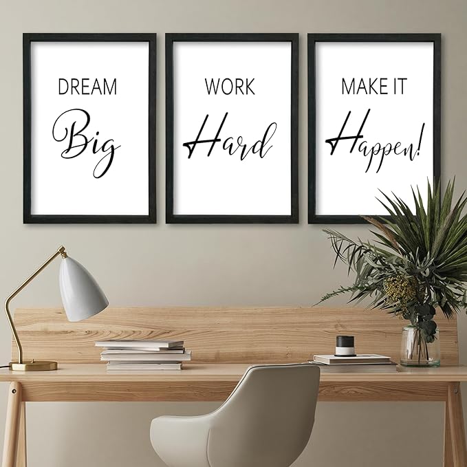 YWJKWLGS Motivational Wall Decor for Office & Home 11x16 Inch Set of 3 Inspirational quotes Wall Art Wood Frame Hanging Dream Big Work Hard Make It Happen positive affirmations Sign (Black)