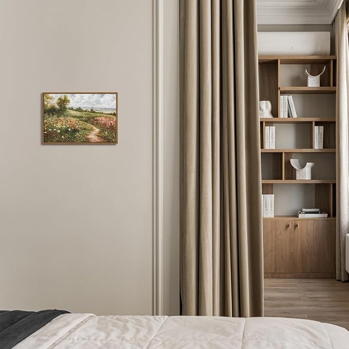 OIQArtOIQ Vintage Landscape Framed Wall Art Summer Countryside Wildflower Field Path Canvas Art Prints Farmhouse Cottagecore Pictures Wall Decor Rustic Meadow Paintings Artwork For Kitchen Bedroom