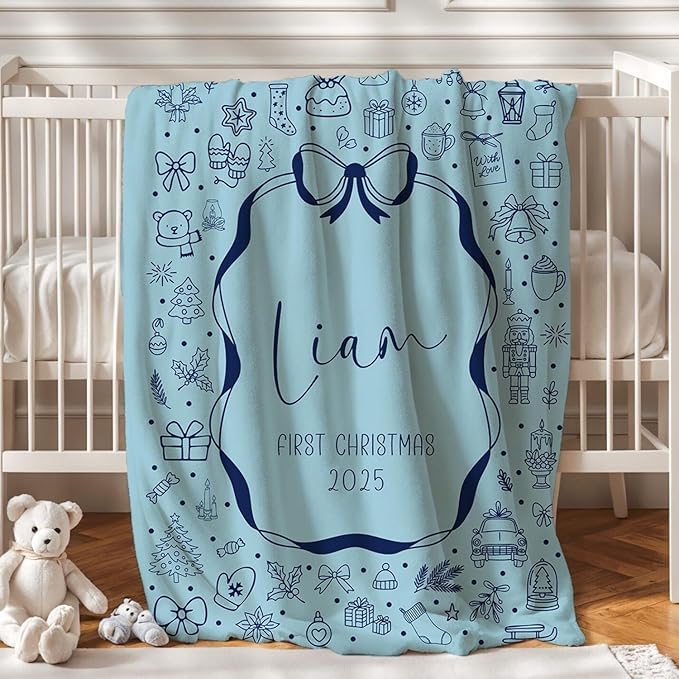 Personalized Baby's First Christmas Blanket, Custom Bow Baby Name Christmas Blanket, Soft Fleece Or Sherpa Throw, Baby Shower, Made in USA