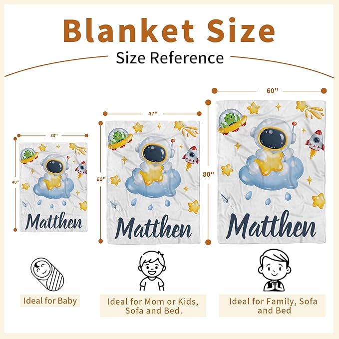 Personalized Baby Blanket with Name, Custom Space Astronaut Theme Blanket for Kids, Soft Flannel Bed Throw Blanket Swaddle for Newborn, Customizable Baby Gift & Nursery Blanket(60" x80)