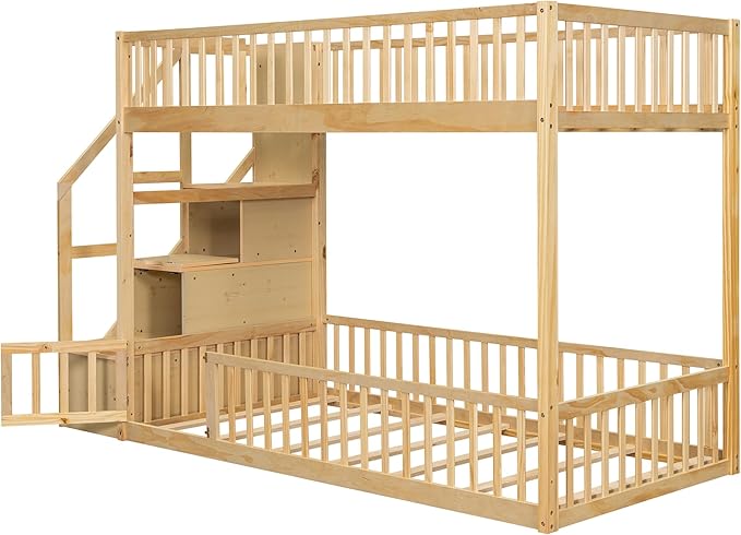 Twin Over Twin Floor Bunk Bed with Storage Staircase, Solid Wood Bunk Bed Frame with Full Length Fence-Shaped Guardrails for Kids Teens Adult Bedroom, Space Saving Design (Natural-Twin/Twin)