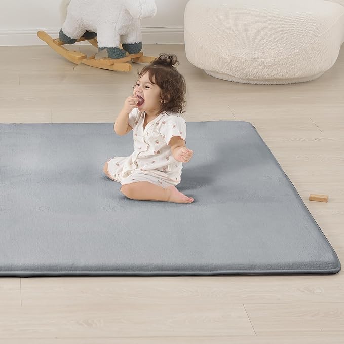 1.3" Thick Baby Floor Play Mat 59x79, Basic Padded Foam Mat for Tummy Time Crawling, Non Slip Cushioned for Babies Toddlers Infants Kids (Light Grey)