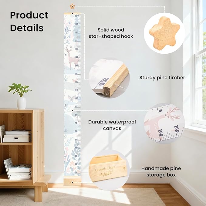 Growth Chart for Wall 7 Ft - Height Chart with Keepsake Wood Box & Star Hook, Waterproof Canvas Wall Ruler, Neutral Nursery Wall Decor for Baby Kids Toddlers