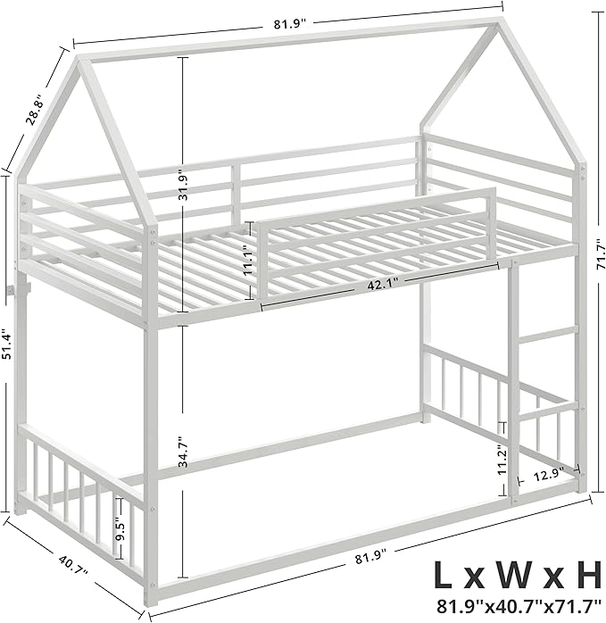 LIKIMIO Bunk Bed Twin XL Over Twin XL, Metal Bunk Bed Frame with Ladder and Guardrail, House Shaped with Metal Slats for Dormitory and Bedroom, Space Saving, No Box Spring Needed, White