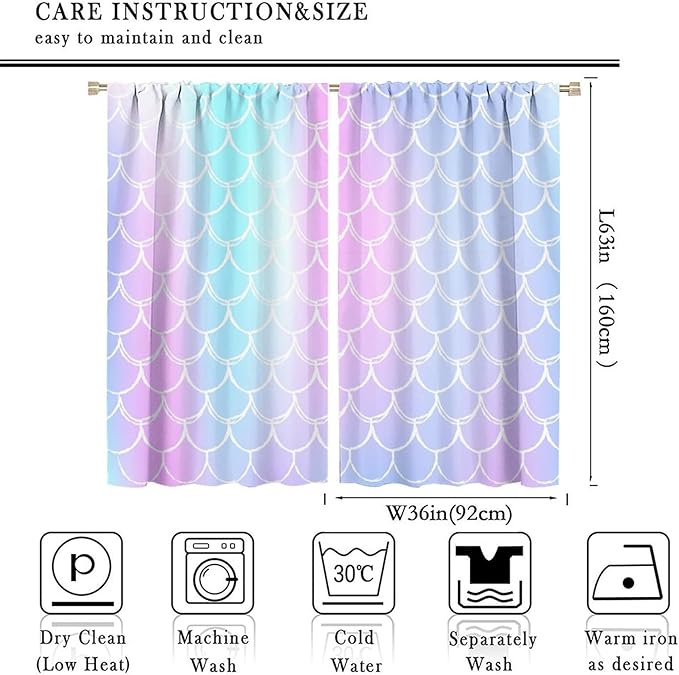 Fantasy Mermaid Curtain Rainbow Mermaid Scales Purple Pink Blue Ocean Theme Dream Blackout Window Treatment for Kids Boys Girls Bedroom Nursery Room Decor Rod Pocket Window Drapes 72x63in