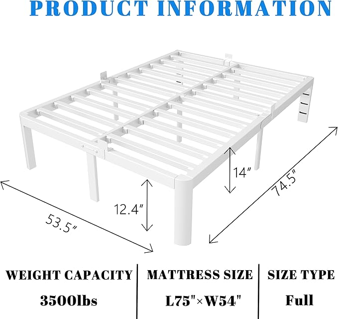 14 Inch White Full Size Bed Frame, Metal Bed Frame Full with Gaskets, No Box Spring Needed, Heavy Duty Steel Platform Supprt, Rounded Corner Design, Reserved Holes, Storage Space, Noise Free