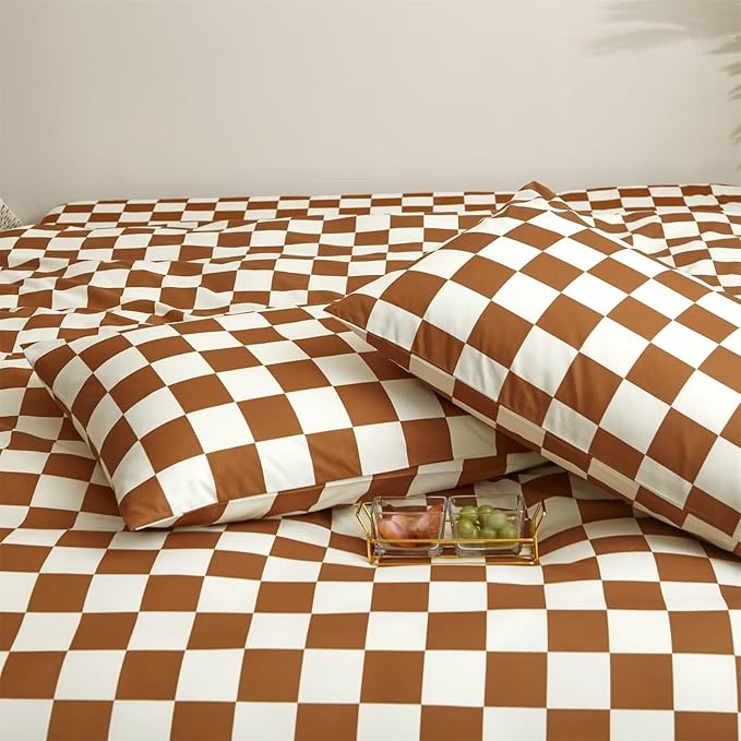 Houseri Pumpkin and White Duvet Cover Queen Brown Buffalo Plaid Bedding Full Checkerboard Duvet Covers Queen Size Men Boys Women Elegant Caramel Brown Bedding Comforter Covers Queen