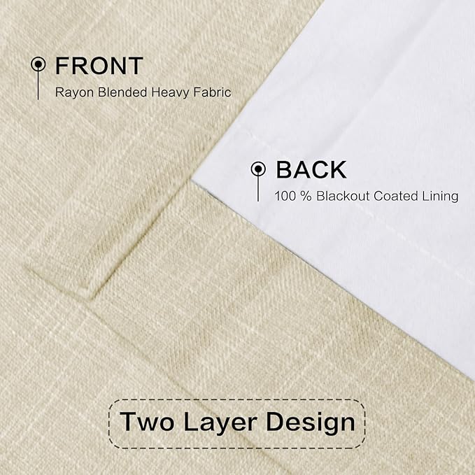 IVAPUPU Cream Beige Pinch Pleated Full Blackout Linen Curtains for Bedroom, Black Out Curtains 108 Inches Long for Living Room Darkening Thermal Insulated Neutral Pleat Drapes with 16 Hooks, 2 Panels