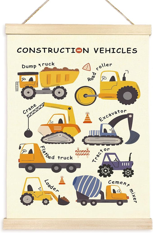 CGBHW Construction Vehicles Nursery Poster Hanger Frame, Kids Educational Learning Trucks Name Posters Wall Art Hanging Decor for Toddler Boy Baby Room Playroom Classroom，12x16Inch