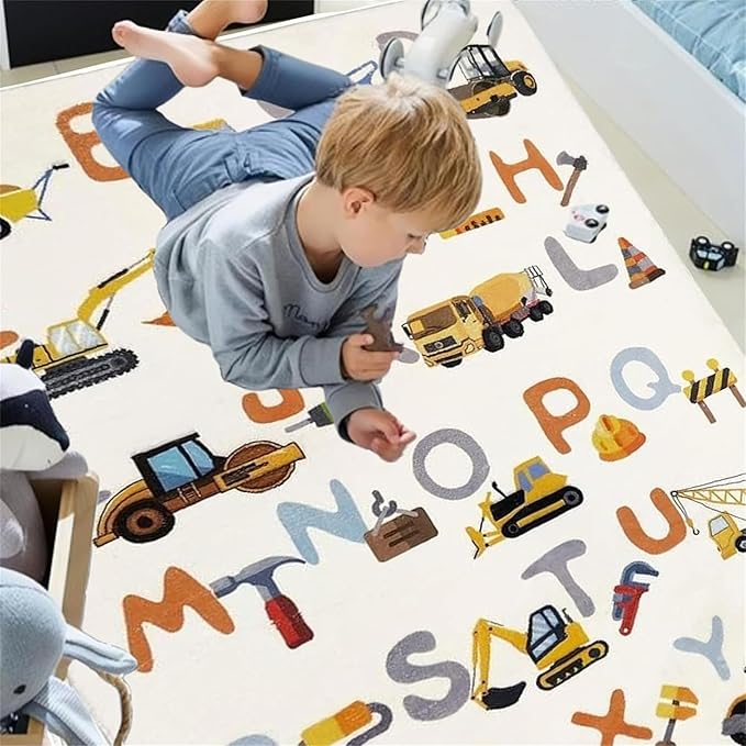 Kids Rug, Alphabet and Truck Carpet for Playroom 4x6, Children's Educational Play Mat ABC Rugs for Boys Girls, Digger Play Rug for Bedroom, Non-Slip Area Rugs for Nursery