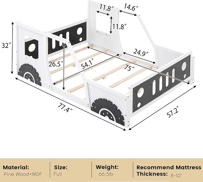 Full Size Car-Shaped Kids Bed with Headboard & Footboard and 4 Side Rails, Race Car Montessori Bed for Boys & Girls, White