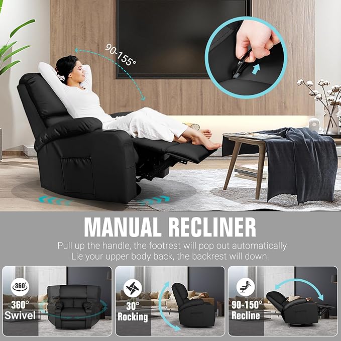 Rocking Recliner Chair, Massage Rocker Recliner Chair with Vibration Massage and Heat, 360° Swivel Faux Leather Chairs, Living Room, Bedroom, Nursery, RV, Black