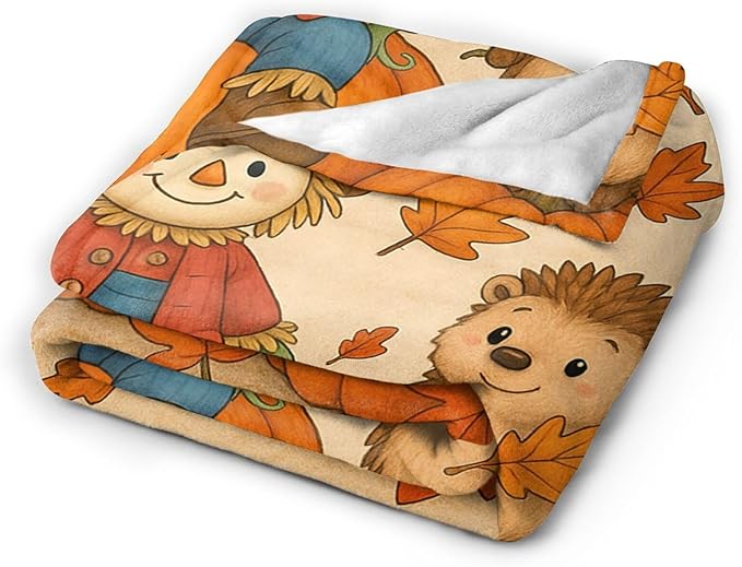 Fall Blanket Cute Autumn Pumpkin Scarecrow Hedgehog Maple Leaf Throw Blanket Soft Cozy Fleece Fuzzy Plush Flannel Warm Stuff Hello Fall Blanket Gifts for Women Girls Kids Thanksgiving 40"x50"