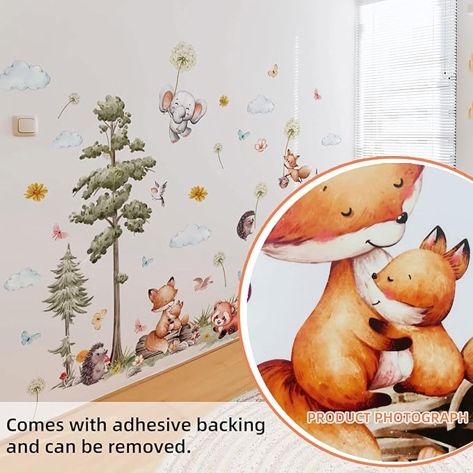 Woodland Animals Wall Decals-Pine Tree Forest Wall Stickers with Deer, Fox, Elephant, Removable Nursery Wall Art for Kids Bedroom, Playroom，Living Room