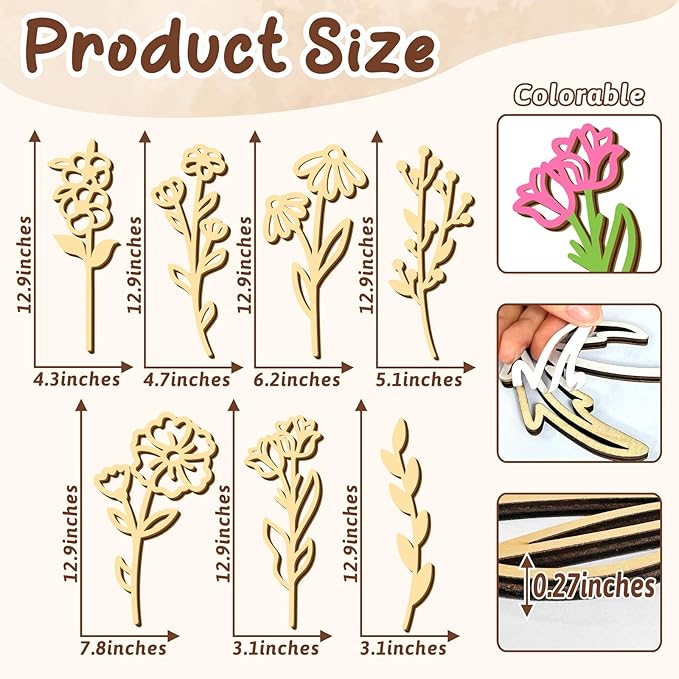 7 PCS Large Wooden Wildflowers Signs Decals DIY Colorable Wood Flowers Sign for Crafts Baby Nursery Stick Peel and Stick Boho Flower Art Cutout for Girls Bedroom Floral Sticker Gift for Kids Playroom