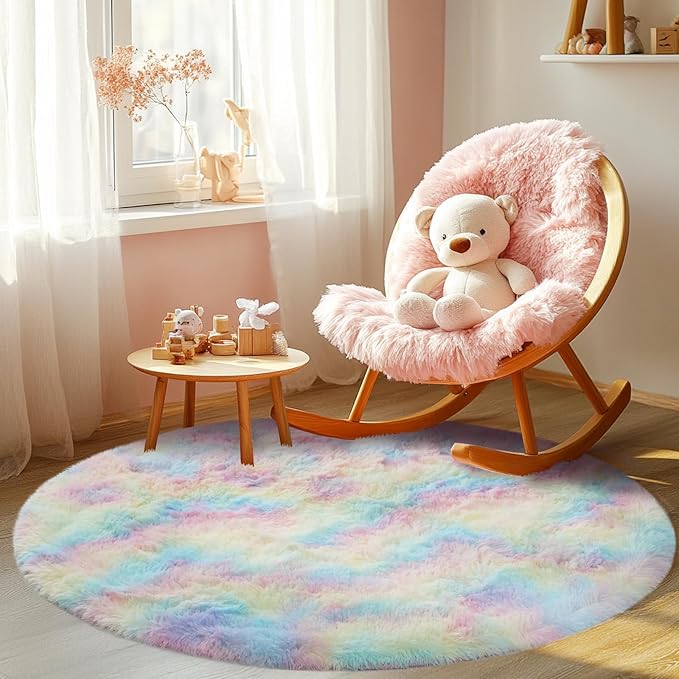 Round 4x4ft Fluffy Rainbow Rug: Ultra Soft Furry Girls Bedroom Carpet- Colorful Oval Plush Shag Nursery Rug for Girls Room & Kids Room, Cute Home Decor