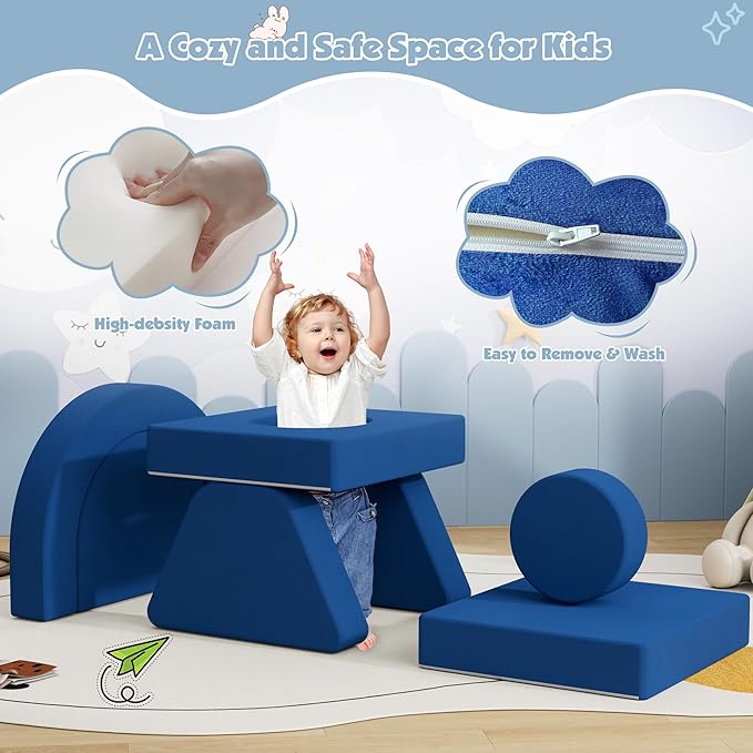 7 PCS Modular Kids Play Block Couch Child Sectional Sofa Toddler Building Fortplay Bedroom Playroom Baby Convertible Floor Foam Cushion for Boys & Girls (Blue-Single)