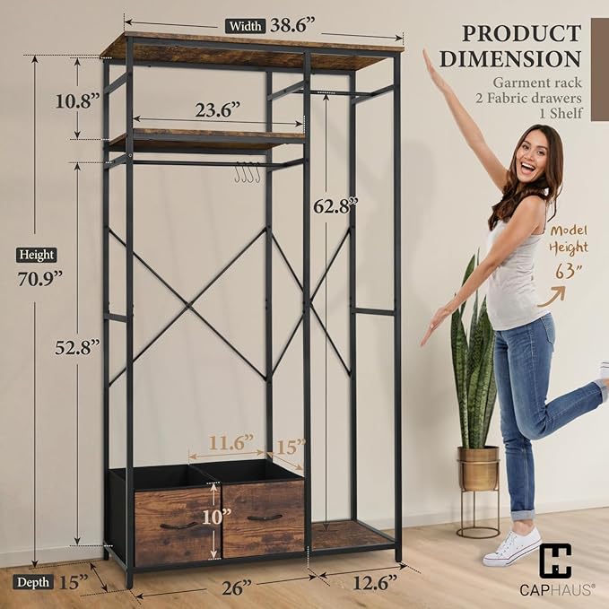 CAPHAUS 550lbs Capacity Garment Rack for Hanging Clothes, Heavy Duty Metal Open Wardrobe w/Hanging Rods & Drawers, Free Standing Closet Organizer, Metal Closet w/Wooden Boards, Rustic Oak Board