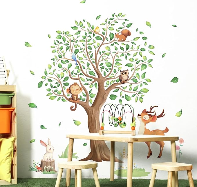 Tanlaby Jungle Animals Large Tree Wall Stickers Cartoon Animal Monkey Deer Wall Decals Peel and Stick Art Decor for Baby Nursery Kids Bedroom Playroom Toddler Room (H: 54 in)