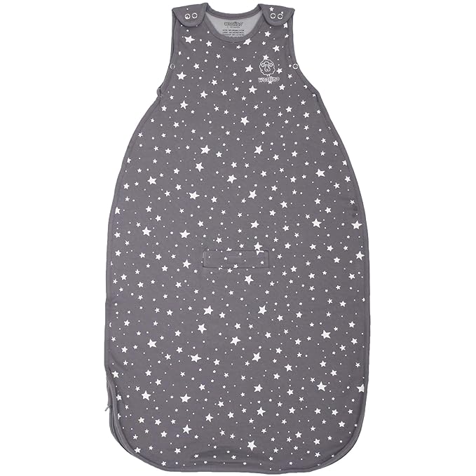 Woolino Merino Wool and Organic Cotton Ultimate Sleep Sack - 4 Season - Two-Way Zipper Adjustable Sleeping Bag - Universal Size Sleep Sack for Baby (2-24 Months) - Star Gray